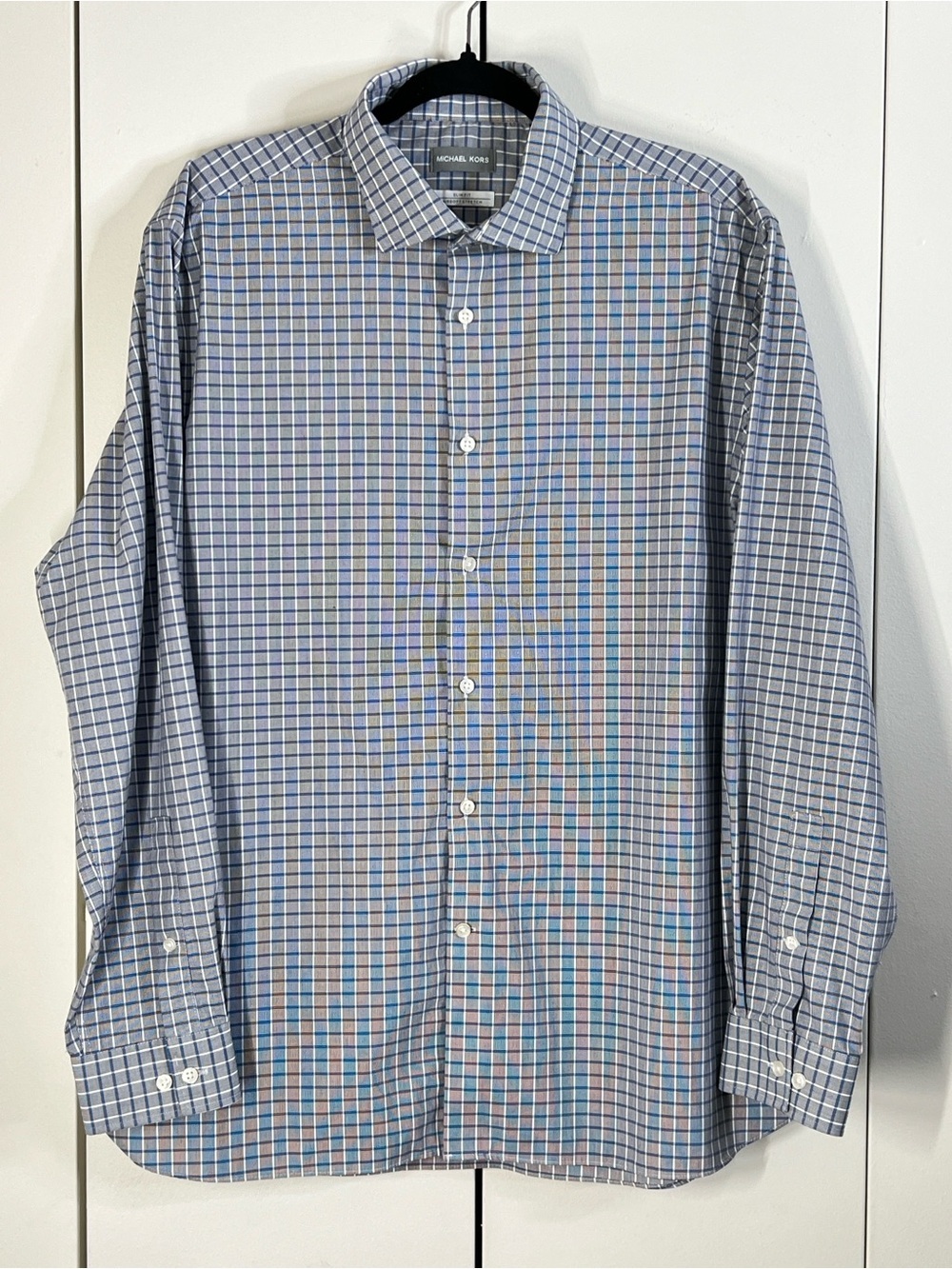 Michael Kors Menβs XL Blue Plaid Business Button up Dress Shirt